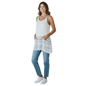 FREE PEOPLE Womens Tank Top S White Lace Sheer Boho Sleeveless Blouse Hippie G+